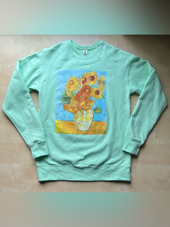Tultex Tops - Artsy Mint Green Crewneck Sweatshirt with Van Gogh Sunflowers Print